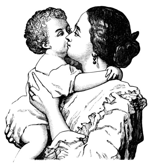 Victorian mother and baby, mom and baby clip art, black and white graphics, printable mother and child illustration, vintage baby clipart