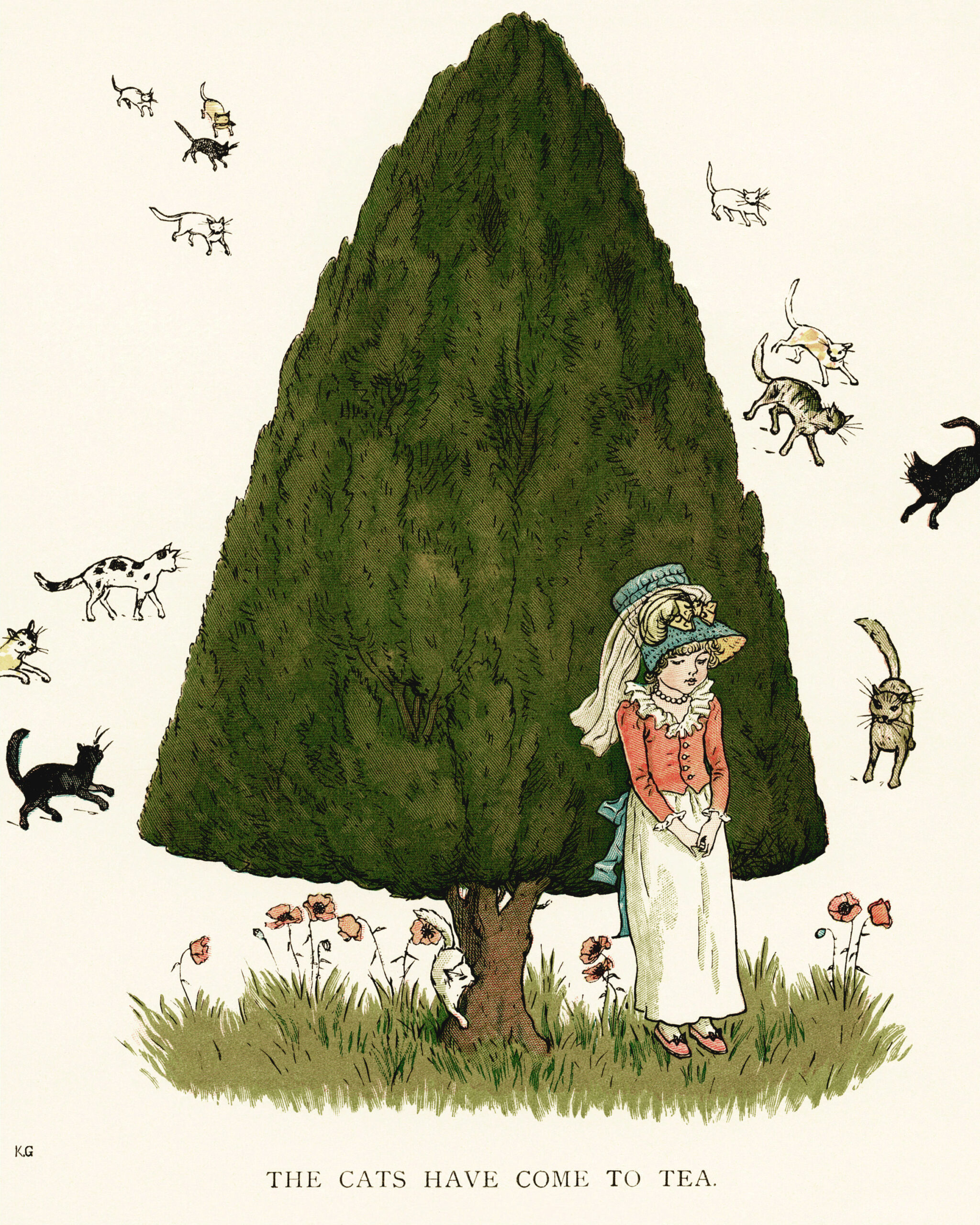 Kate Greenaway, cats have come to tea, vintage storybook image, printable story illustration, girl cat clip art