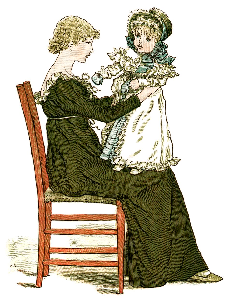 Kate Greenaway, to baby poem, vintage storybook image, printable story illustration, mother baby clip art