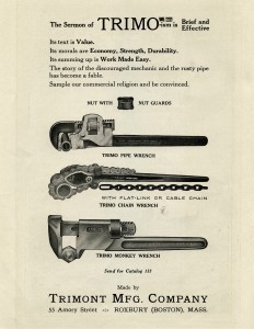trimo wrench, black and white graphics, vintage wrench clip art, antique handyman tools illustration, old magazine advertisement
