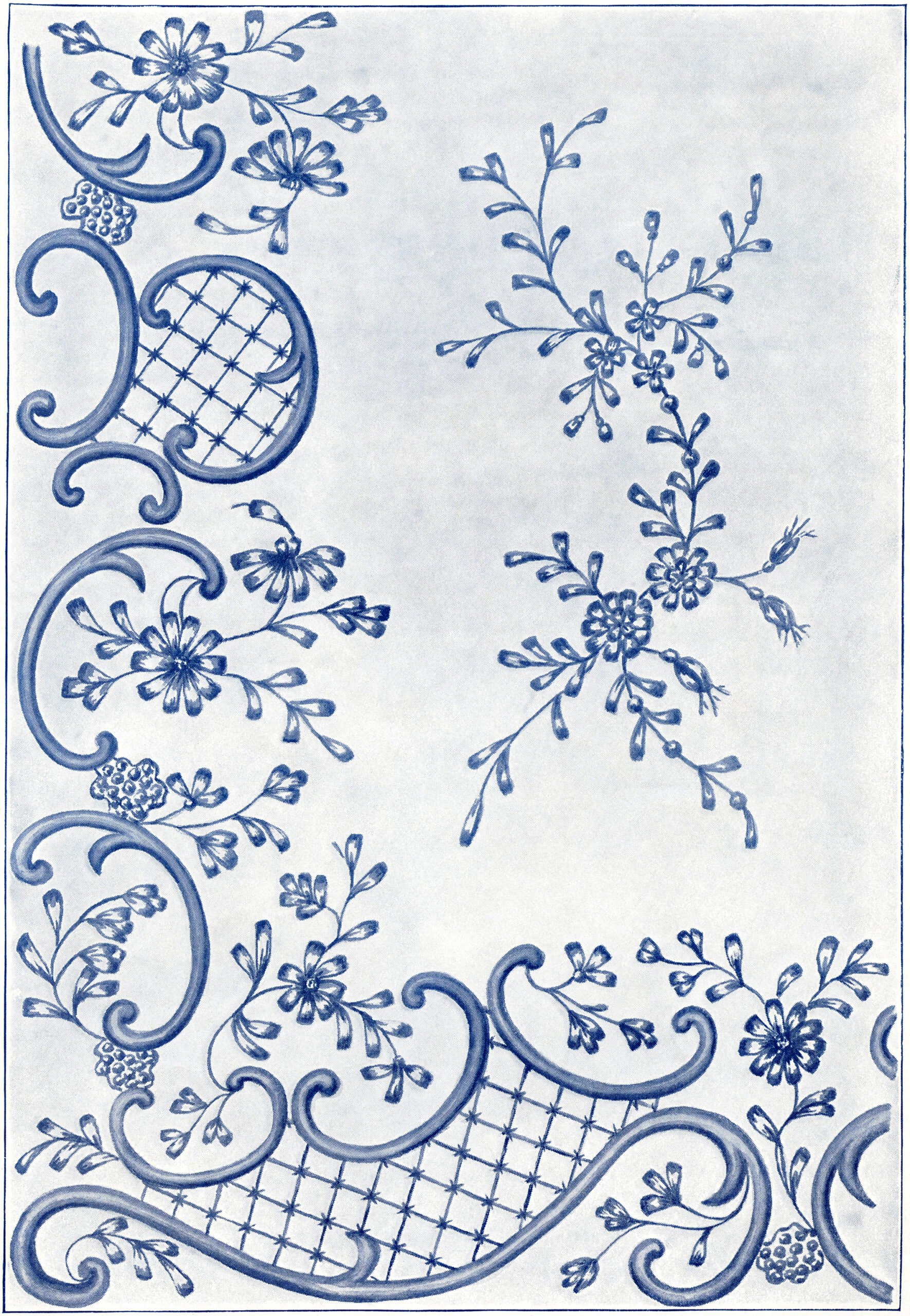victorian embroidery, swirls and flowers design, ornamental border and corner spray, fancy stitches, vintage sewing clipart