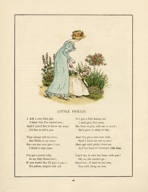 Kate Greenaway, little phillis, vintage storybook image, old fashioned poem, mother and child clip art, Victorian girl clipart