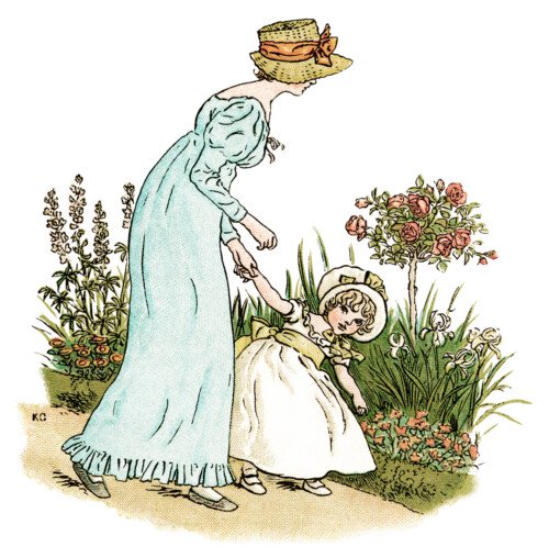 Kate Greenaway, little phillis, vintage storybook image, old fashioned poem, mother and child clip art, Victorian girl clipart