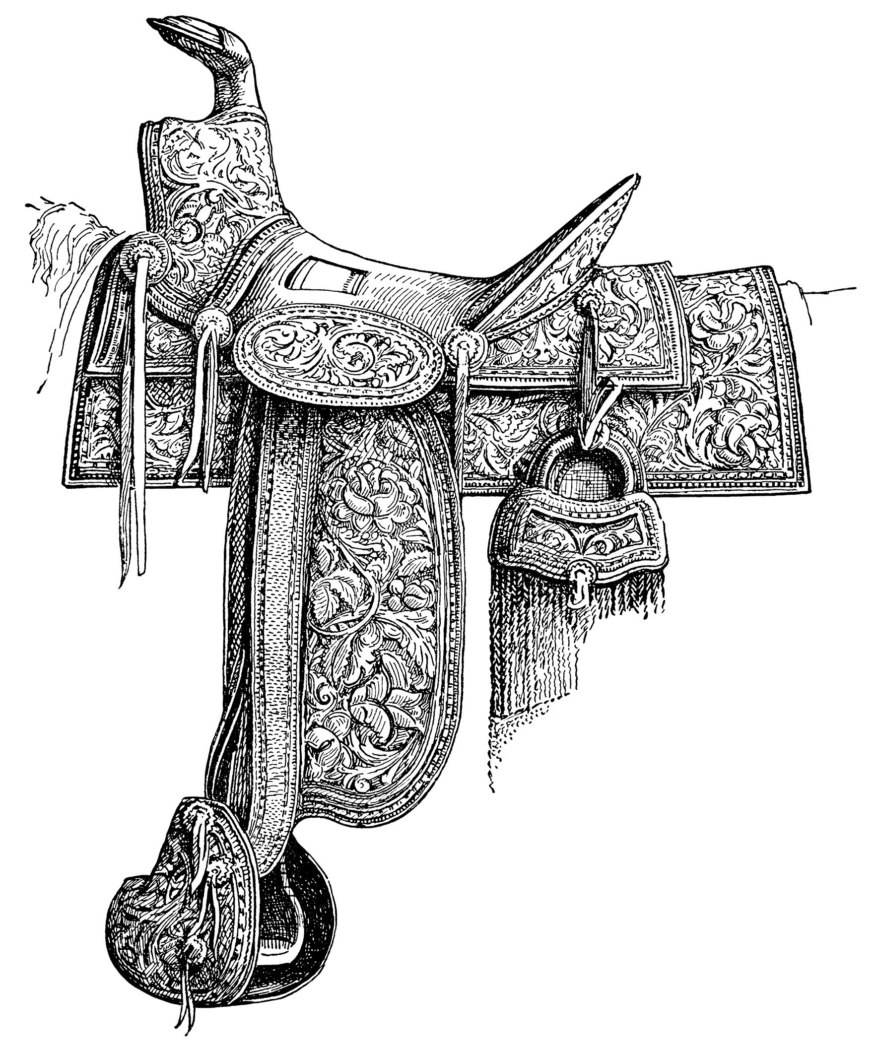 vintage horse saddle, Mexican stamped leather, saddle clip art, black and white graphics