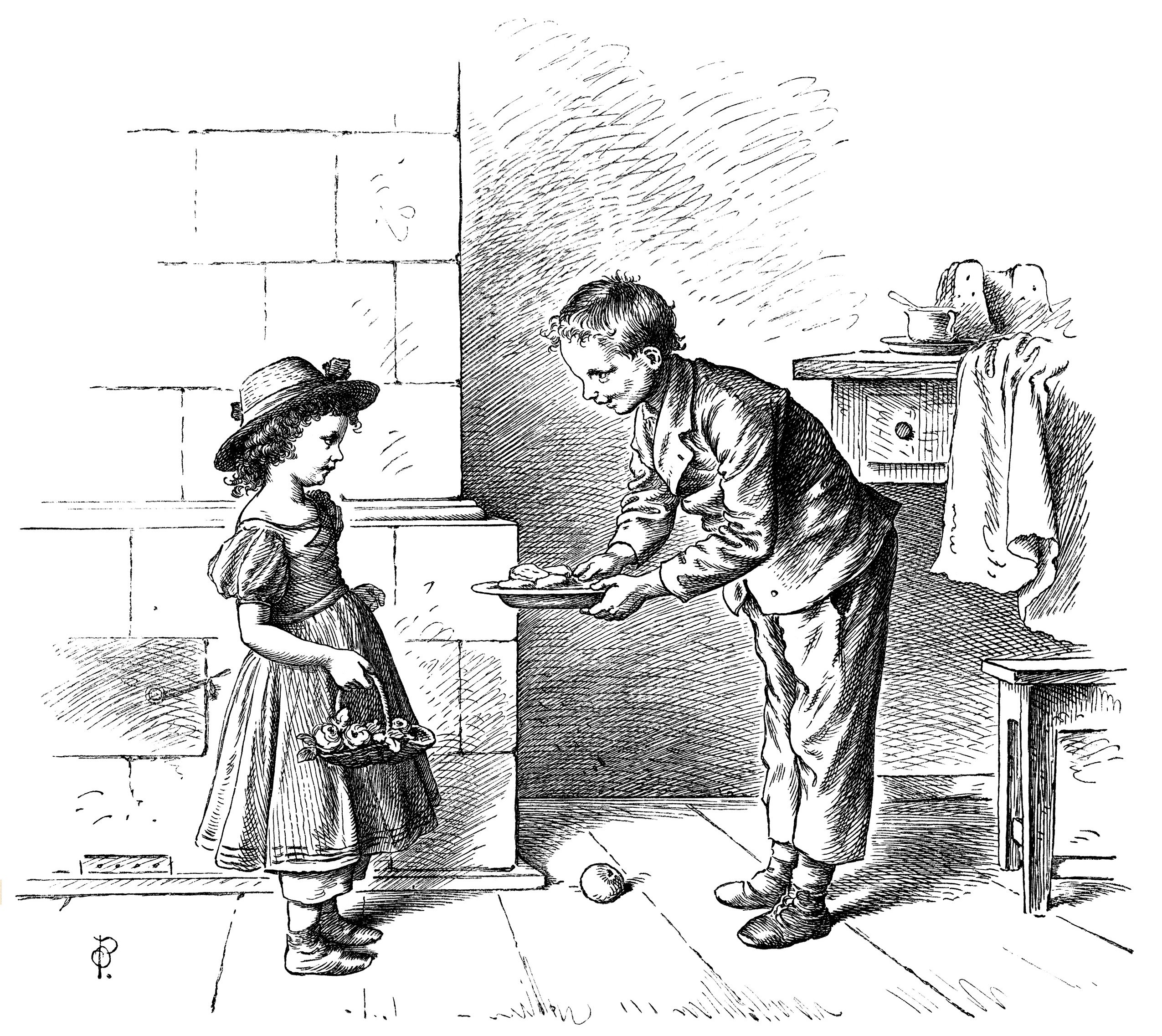 black and white clip art, Oscar pletsch engraving, how polite pletsch, Victorian children clip art, vintage storybook illustration