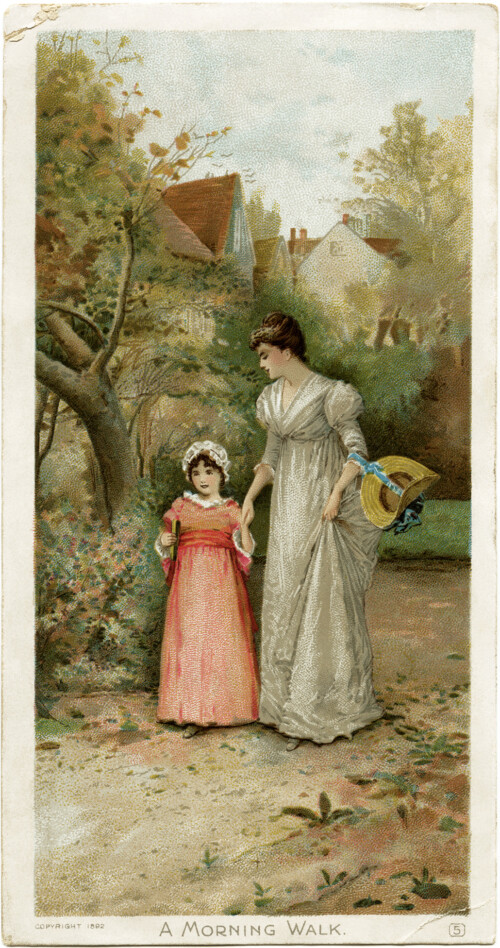 mother daughter image, Victorian card, woman and child illustration, morning walk, fall printable
