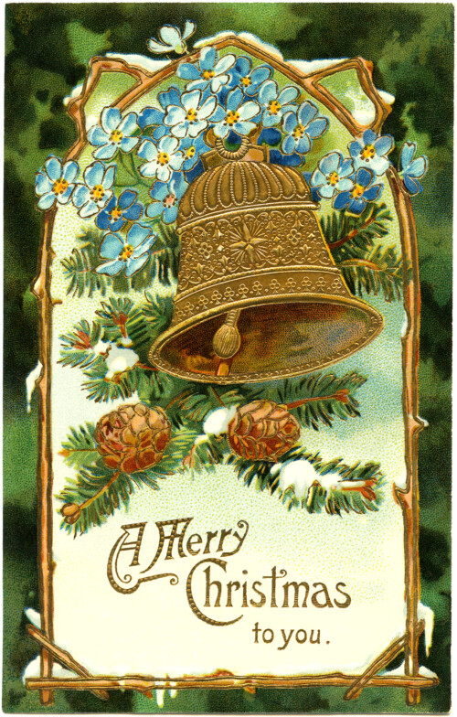 vintage Christmas postcard, Christmas bell clip art, Victorian Christmas card, antique Christmas illustration, printable vintage Christmas