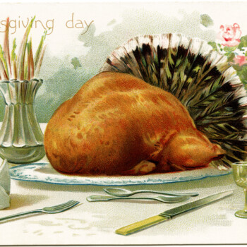 R J Wealthy, antique Thanksgiving postcard, roast turkey clip art, Victorian thanksgiving, vintage turkey graphic, old fashioned thanksgiving card, turkey dinner illustration