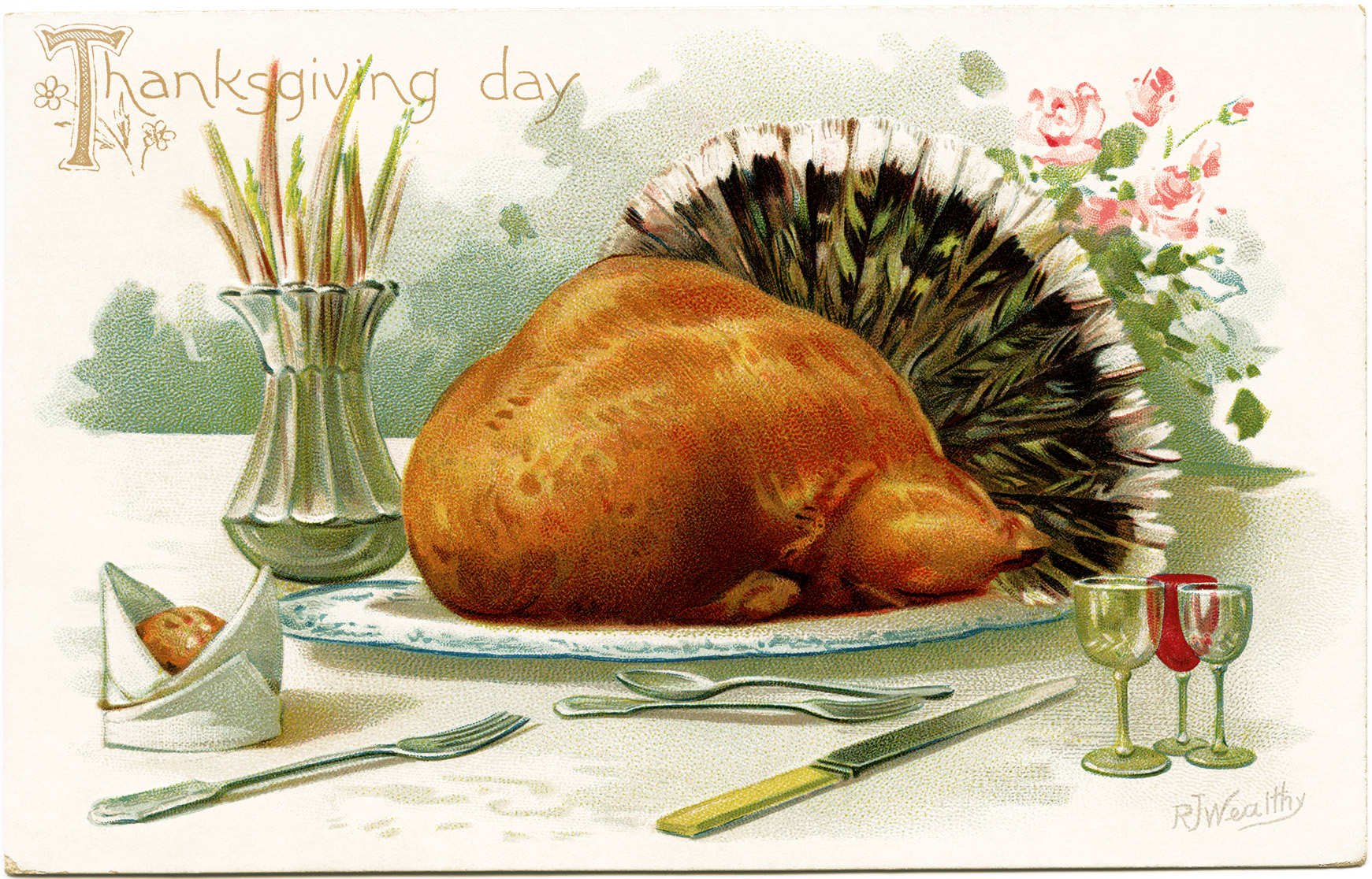R J Wealthy, antique Thanksgiving postcard, roast turkey clip art, Victoria...