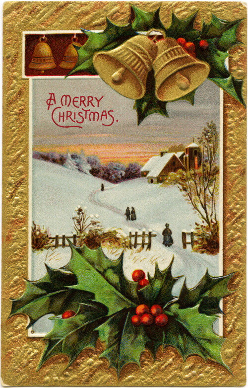 Christmas church scene, vintage Christmas postcard, antique Christmas card, country church printable