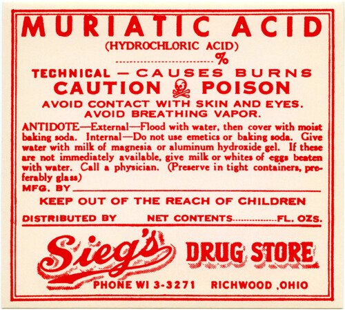 vintage poison label, muriatic acid label, red white label, antique medicine, vintage pharmacy clip art