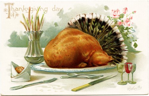 R J Wealthy, antique Thanksgiving postcard, roast turkey clip art, Victorian thanksgiving, vintage turkey graphic, old fashioned thanksgiving card, turkey dinner illustration