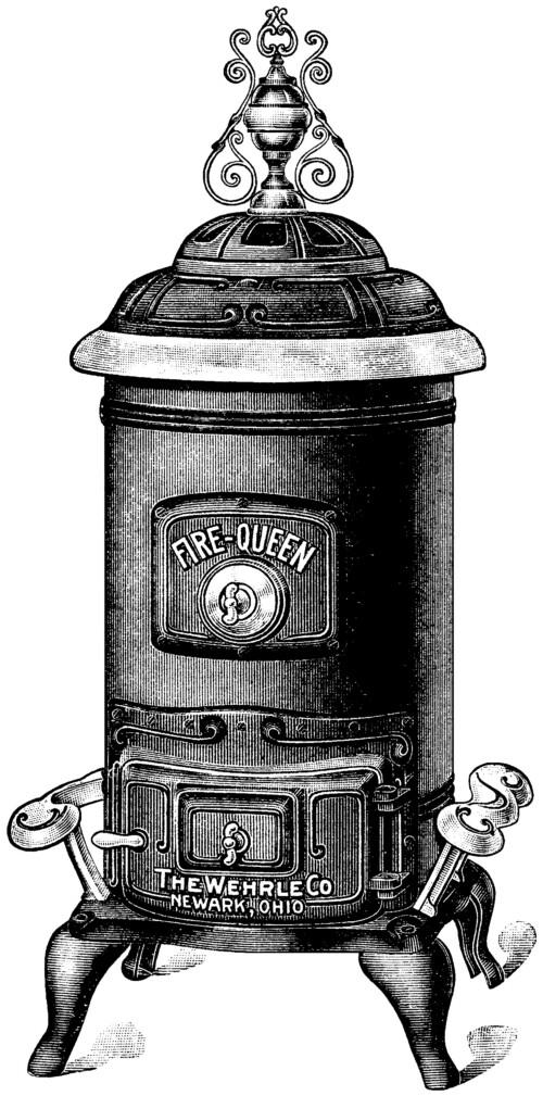 Fire Queen stove, antique stove ad, black and white clip art, parlor heater illustration, coal burning stove clip art, digital catalog advert