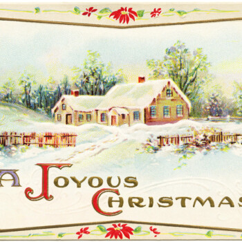 vintage Christmas postcard, old fashioned Christmas, antique postcard graphic, snowy country scene