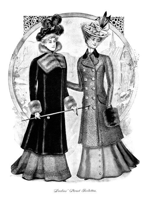 Victorian fashion illustration, Victorian lady, black and white clip art, antique ladies clothing, vintage winter fashion, ladies street toilette