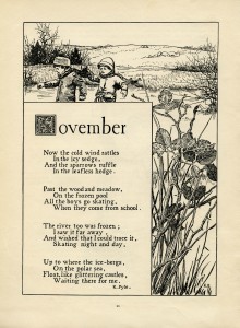 November poem, K Pyle poetry, vintage skating poem, black and white graphics, printable winter clip art