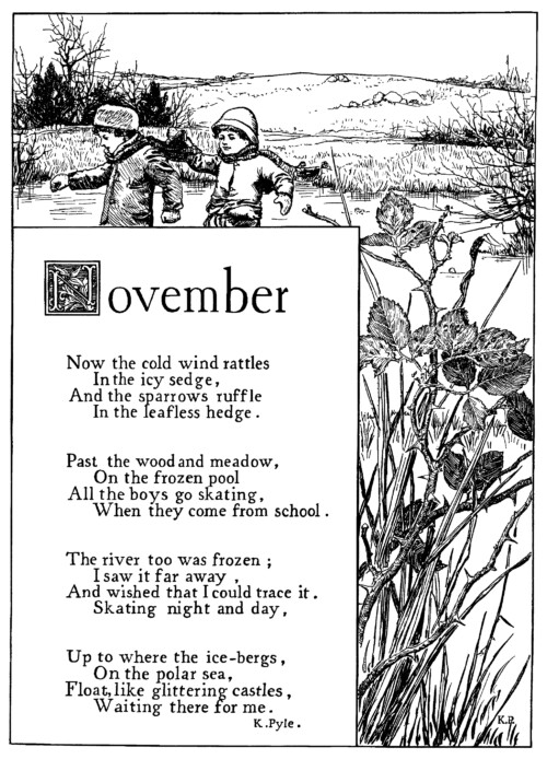 November poem, K Pyle poetry, vintage skating poem, black and white graphics, printable winter clip art