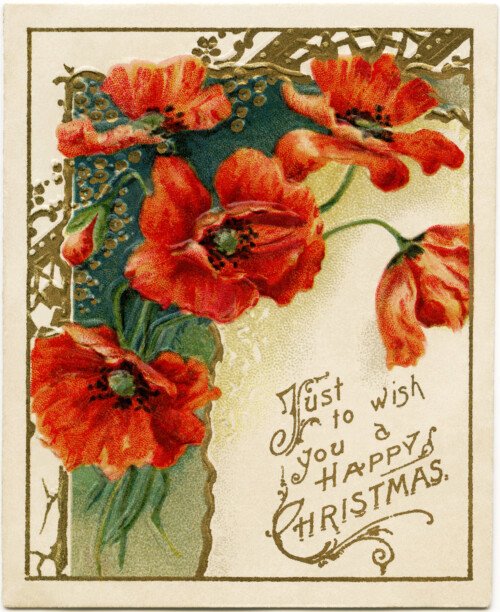 Victorian Christmas card, poppy clip art, poppies card, vintage greeting card, old fashioned Christmas