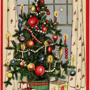 vintage Christmas postcard, decorated Christmas tree, old fashioned Christmas card, printable Christmas image
