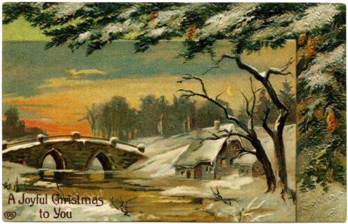 vintage Christmas postcard, winter country scene, old fashioned Christmas card, scenic snow covered house, cozy country home clipart