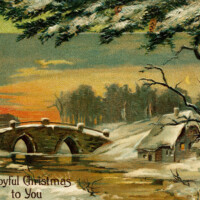 Free vintage clip art Christmas postcard winter evening scene country house by river