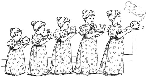 tea clip art, a cup of tea poem, E. L. Sylvester poetry, girls serving tea, black and white graphics