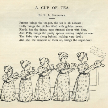 tea clip art, a cup of tea poem, E. L. Sylvester poetry, girls serving tea, black and white graphics