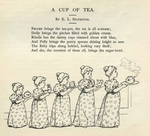 tea clip art, a cup of tea poem, E. L. Sylvester poetry, girls serving tea, black and white graphics