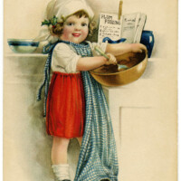 vintage Christmas postcard, Christmas girl baking, Victorian girl cooking, Ellen Clapsaddle