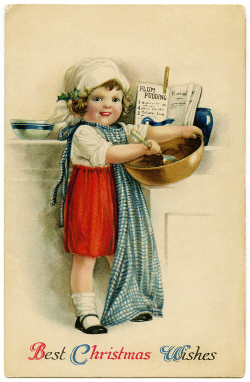 vintage Christmas postcard, Christmas girl baking, Victorian girl cooking, Ellen Clapsaddle