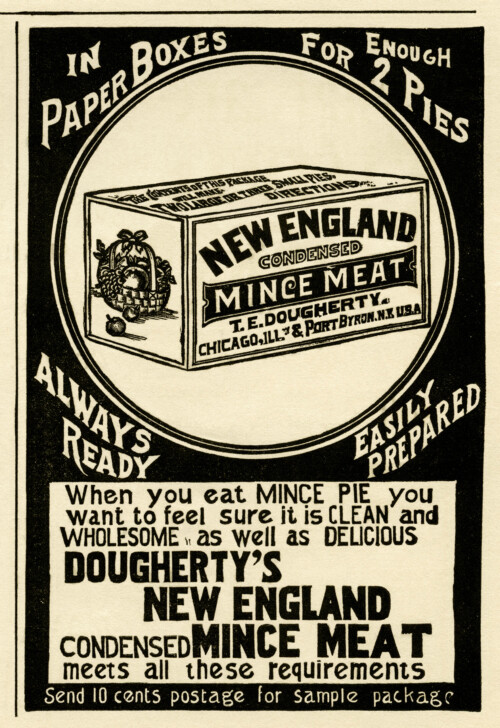 mincemeat ad, dougherty’s mince meat, black and white graphics, Christmas clip art, antique magazine ad