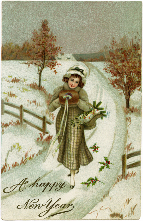 vintage New Year postcard, Victorian lady, antique New Years card, winter clip art, vintage lady graphics