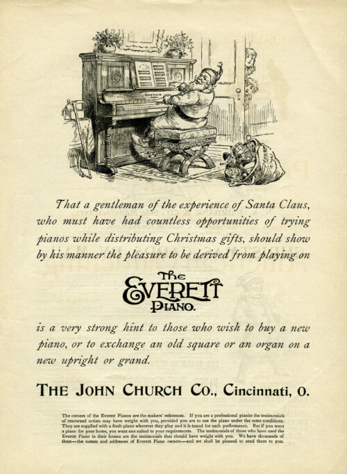 Everett piano ad, santa playing piano, black and white graphics, John Church Co, vintage Christmas clip art