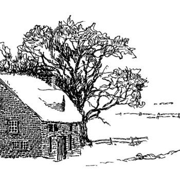 snow covered house, black and white graphics, winter country scene, house in winter clip art, free vintage graphics