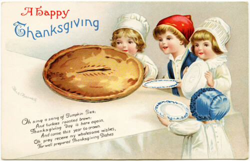 Clapsaddle Thanksgiving postcard, vintage thanksgiving clip art, Ellen Clapsaddle children, kids and pie illustration, old fashioned thanksgiving