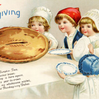 Free vintage clipart Thanksgiving postcard Ellen Clapsaddle children ready to eat large pie