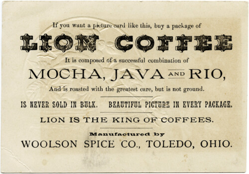 Lion Coffee trade card, Victorian card, yellow rose clip art, vintage advertising card, vintage ephemera graphics