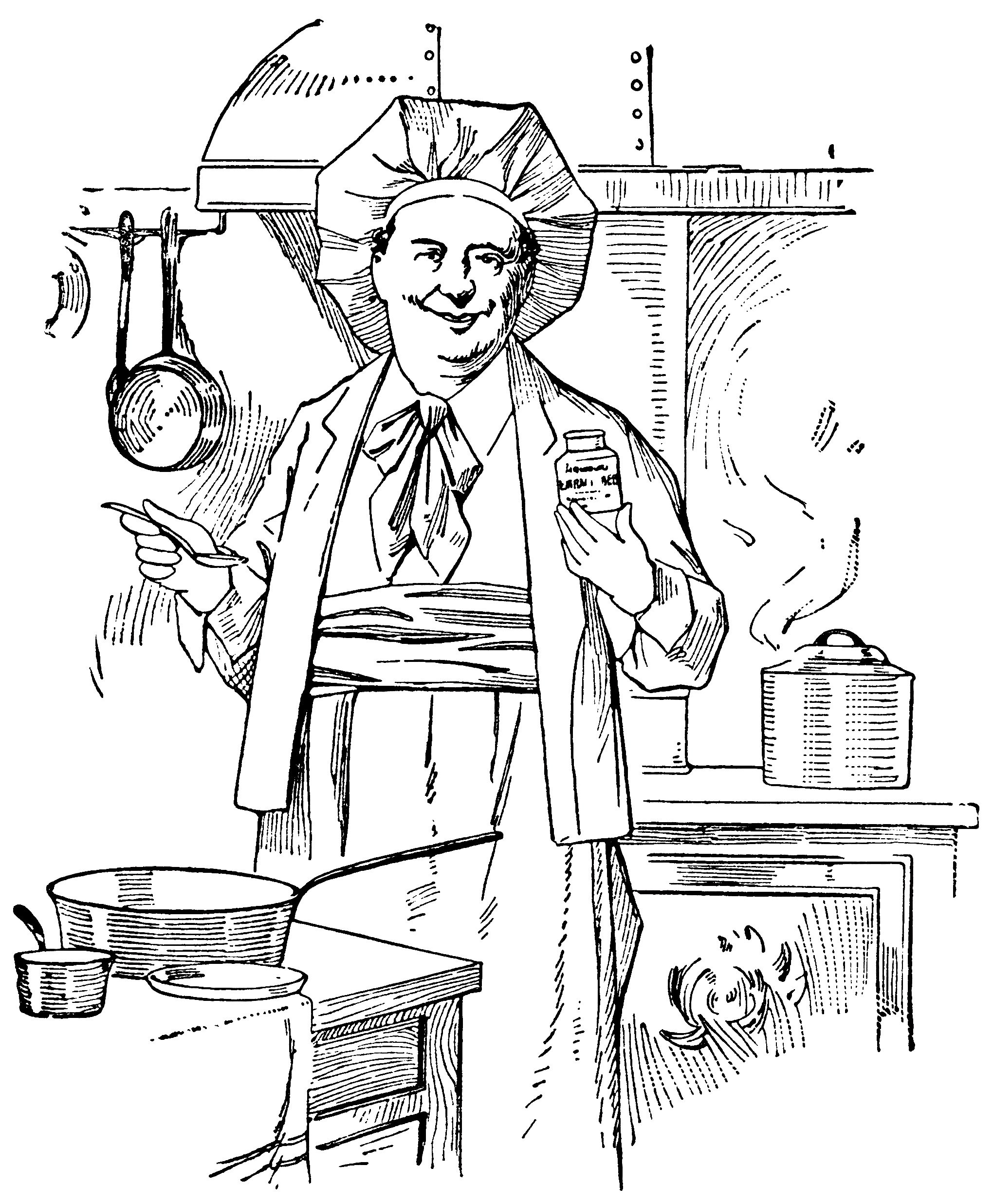 chef clip art, vintage kitchen printable, black and white graphics, vintage cooking illustration, food preparation sketch