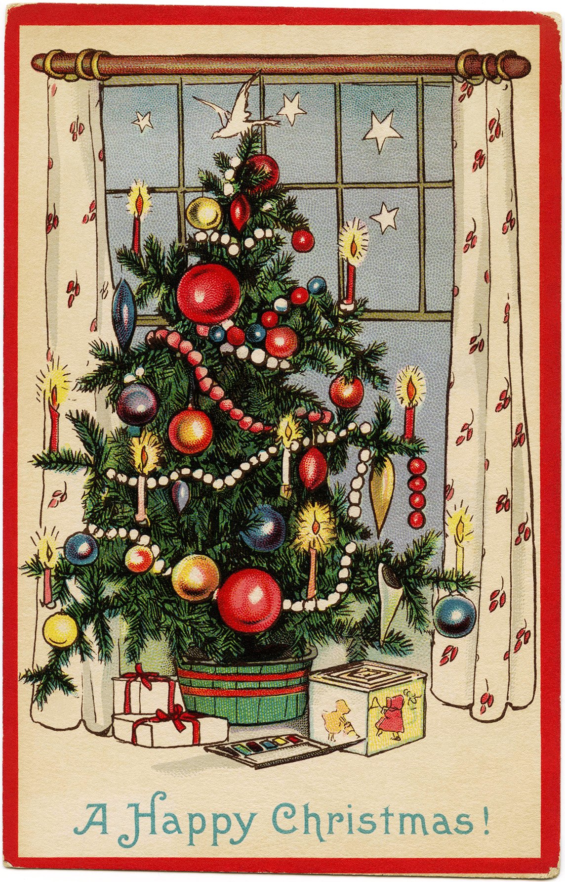 vintage Christmas postcard, decorated Christmas tree, old fashioned Christmas card, printable Christmas image