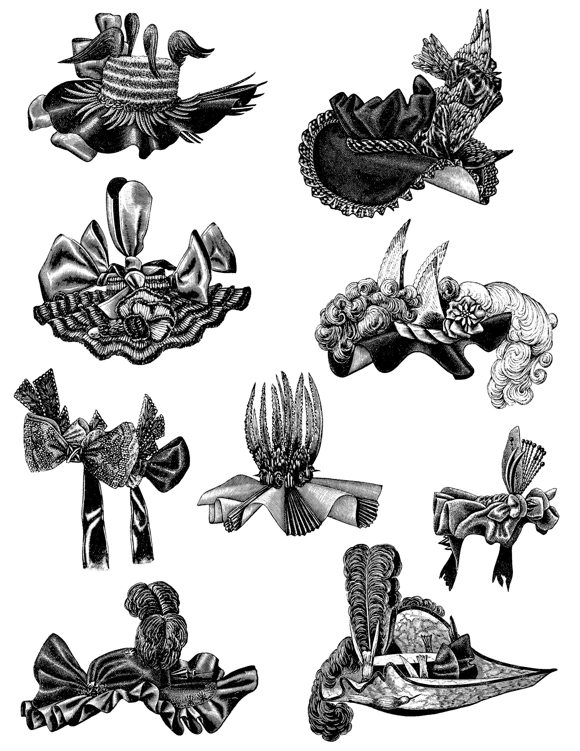 vintage hat clip art, black and white graphics, Victorian ladies hat, old fashioned hat illustration, Victorian millinery fashion