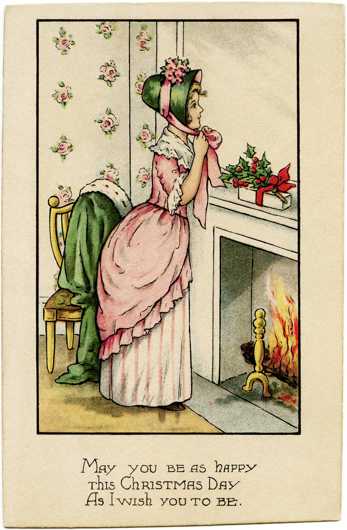 vintage Christmas postcard, Victorian lady Christmas, old fashioned Christmas card, vintage lady clip art, printable Christmas image