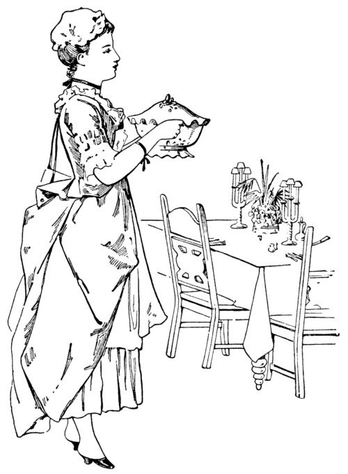 Victorian lady, woman serving food, black and white graphics, vintage kitchen clip art, Victorian maid clipart