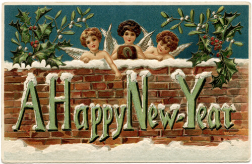 cherubs clip art, vintage new year postcard, vintage new year ephemera, new year card, happy new year graphics