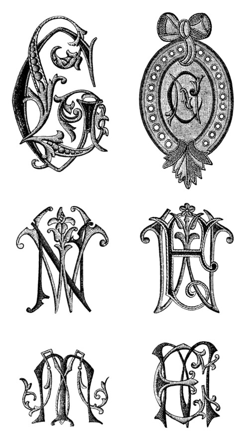 embroidered monograms, black and white graphics, Victorian monogram, alphabet letter designs, fancy alpha graphics