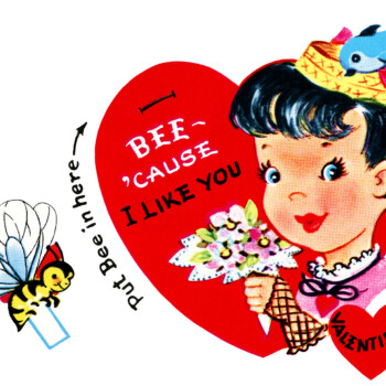 bumblebee valentine, vintage valentine clip art, retro valentine card, printable valentine, girl flowers bee valentine