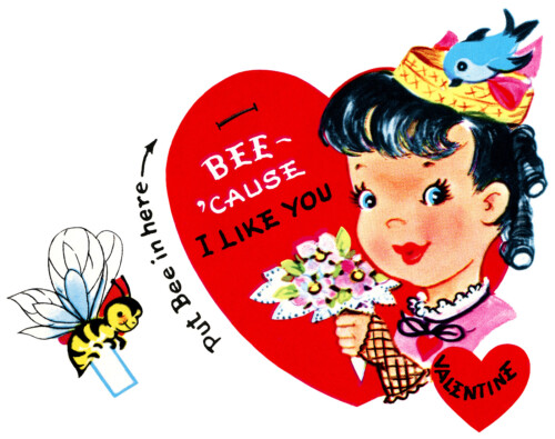 bumblebee valentine, vintage valentine clip art, retro valentine card, printable valentine, girl flowers bee valentine