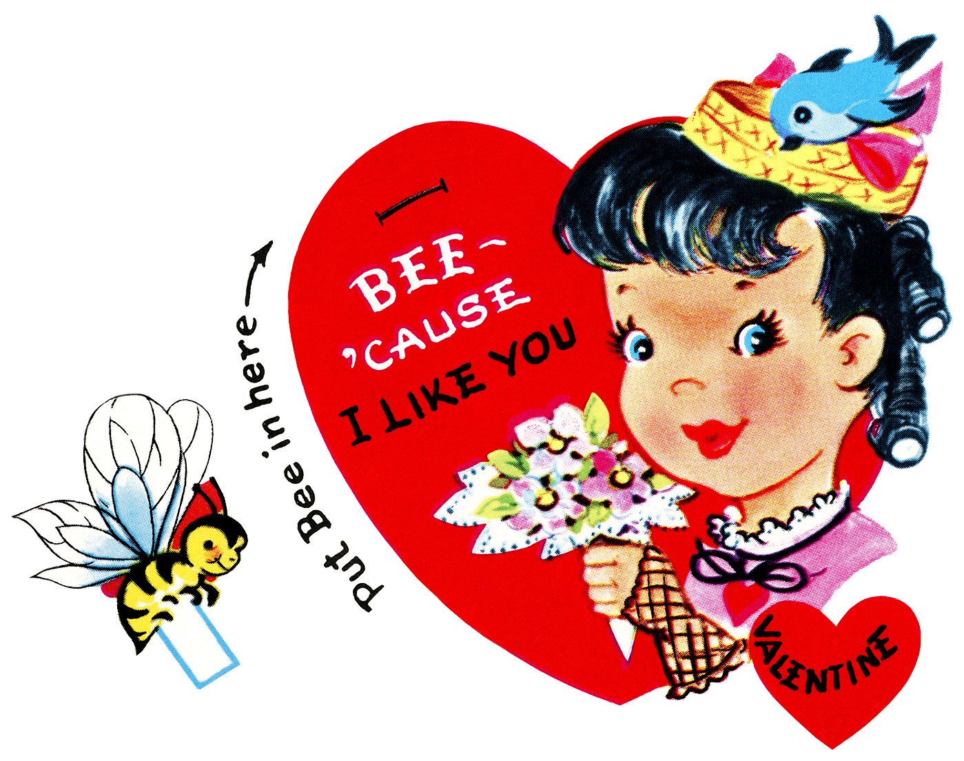 bumblebee valentine, vintage valentine clip art, retro valentine card, printable valentine, girl flowers bee valentine
