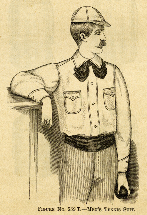 moustache man, Victorian fashion, vintage tennis suit, black and white graphics, vintage clip art