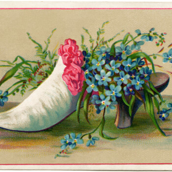 Victorian card, shoe filled with flowers, old fashioned card, art journal printable, forget me not clip art