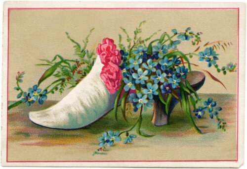 Victorian card, shoe filled with flowers, old fashioned card, art journal printable, forget me not clip art